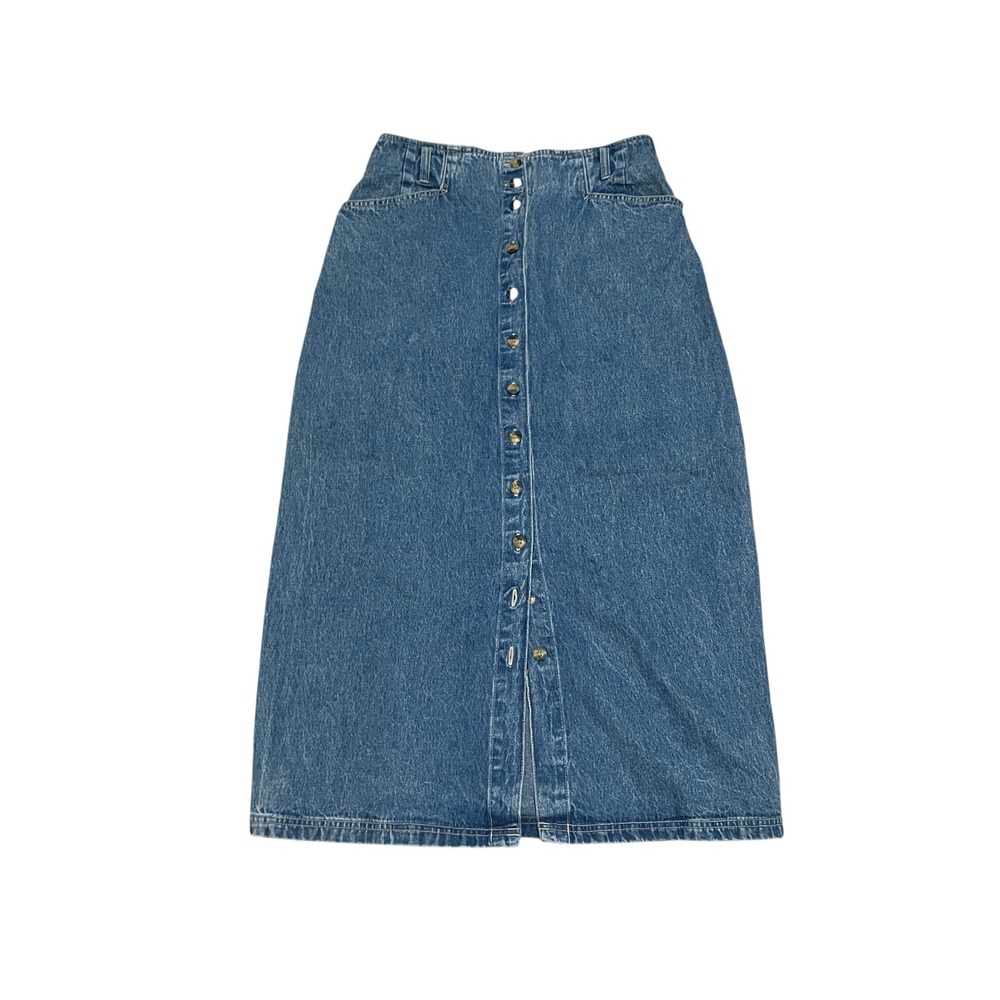 Vintage Gloria Vanderbilt Size 14 Denim Maxi Skirt Button Front High Waist Blue